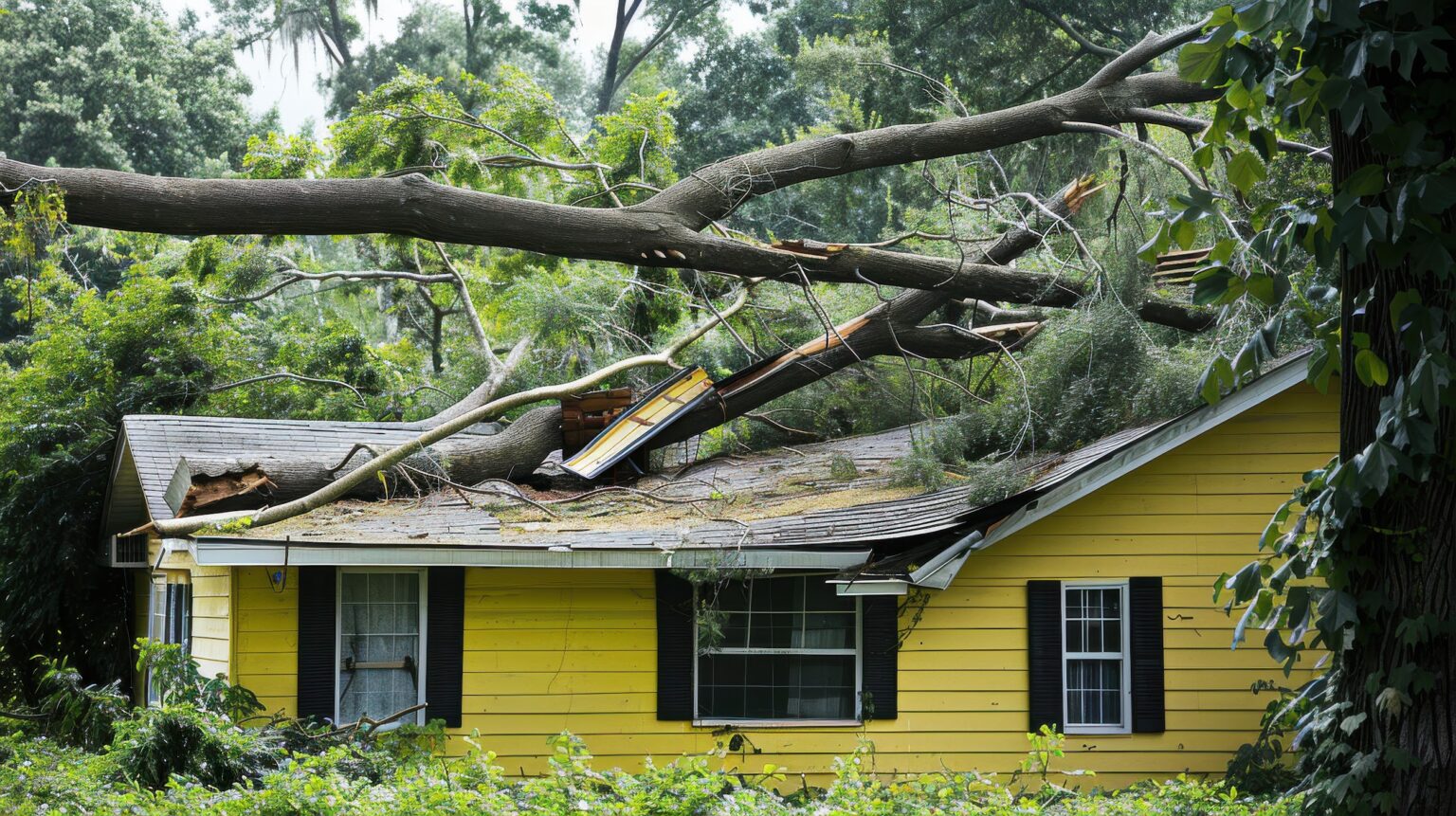 A Tree Fallen from a Hurricane Causing Severe Damage to the Roof of a Building