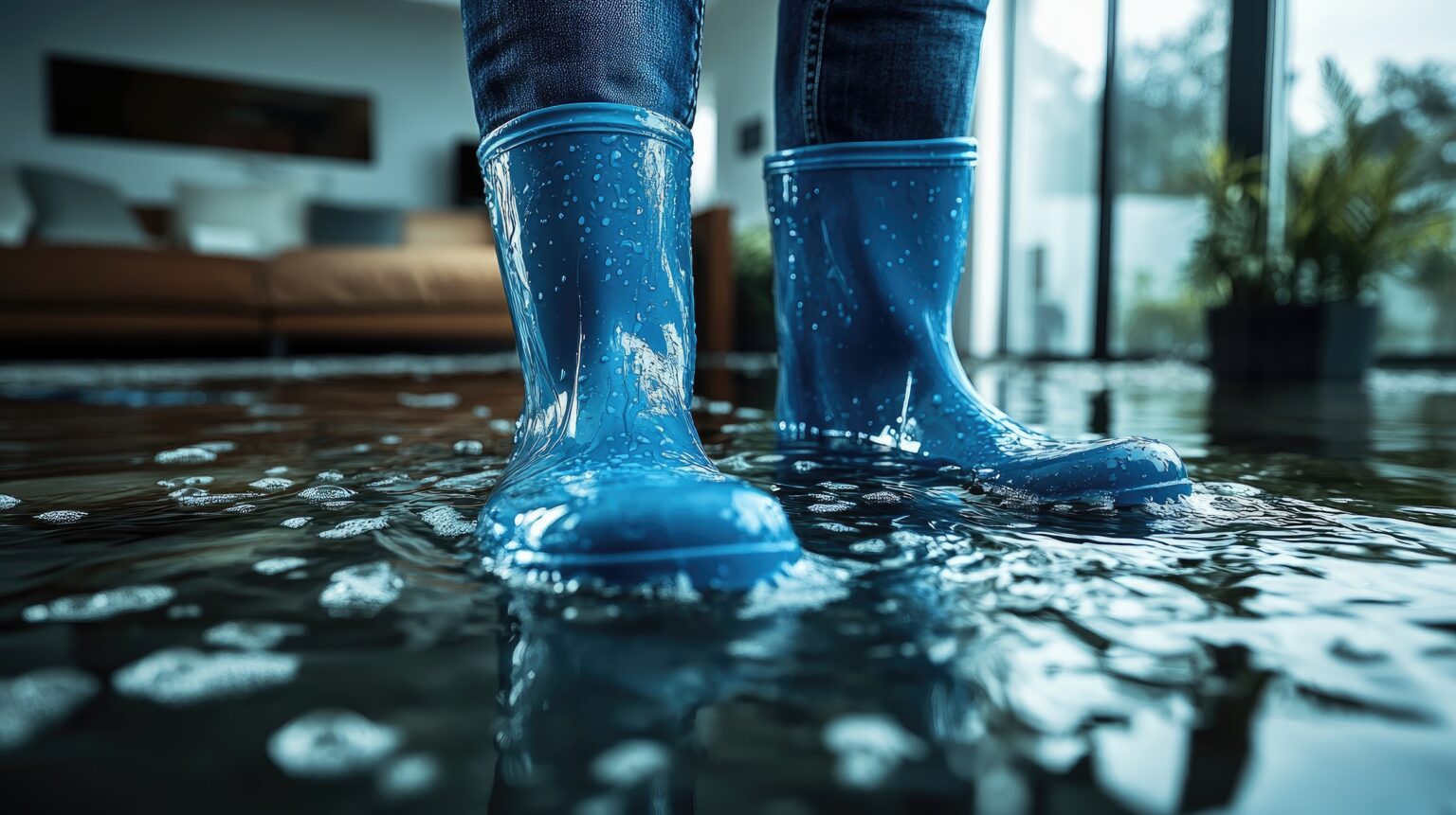 Person wearing blue boots standing in a flooded house