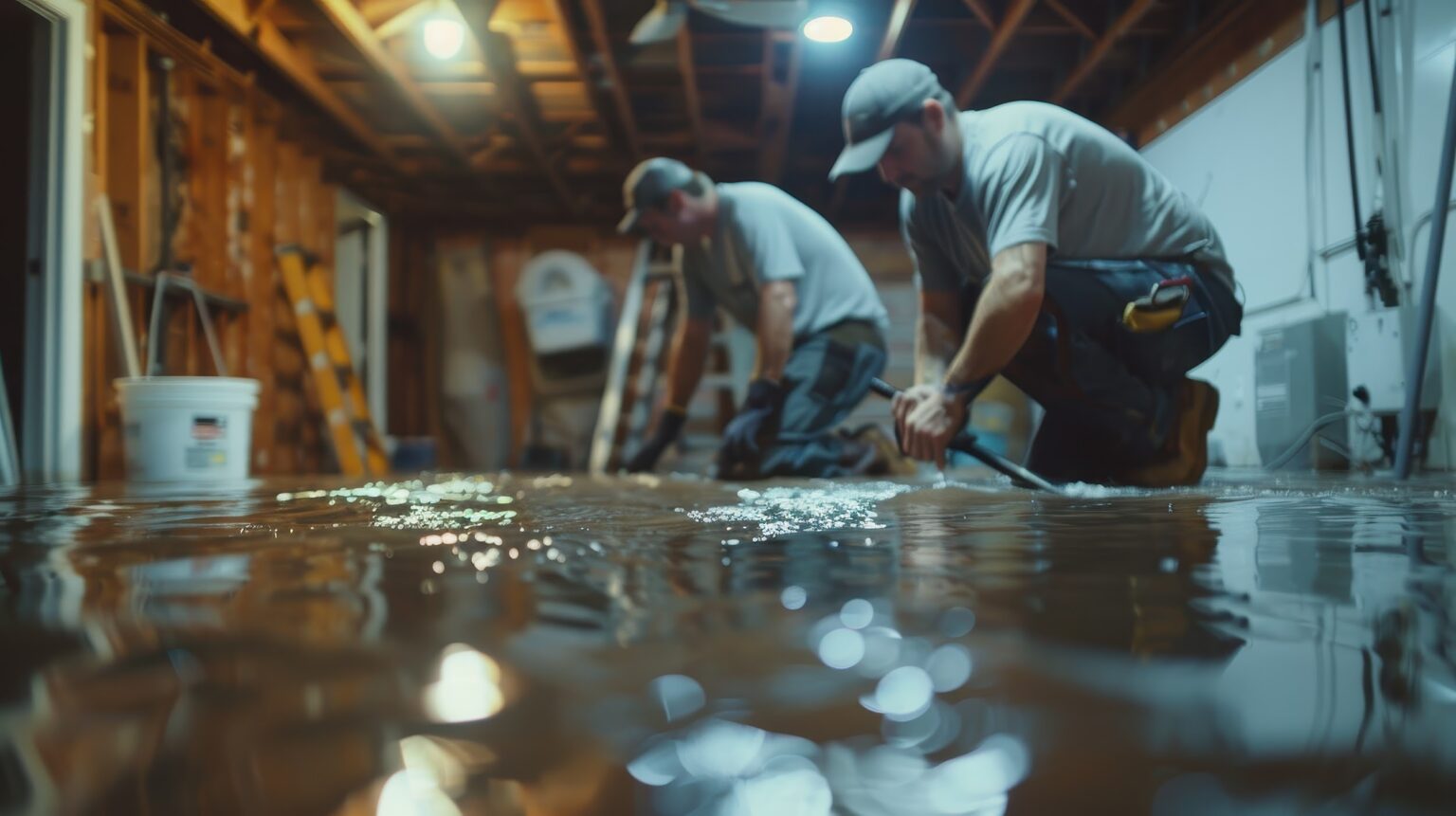 Two men are using a pump to remove floodwater from a basement filled with debris