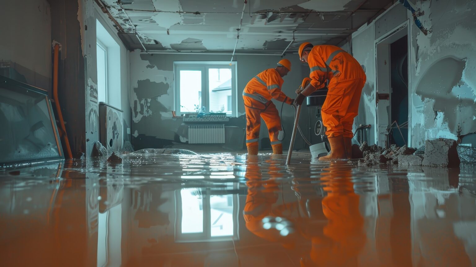 Two workers in orange suits clean up a flooded room filled with water and debris. They sweep the water away using long poles