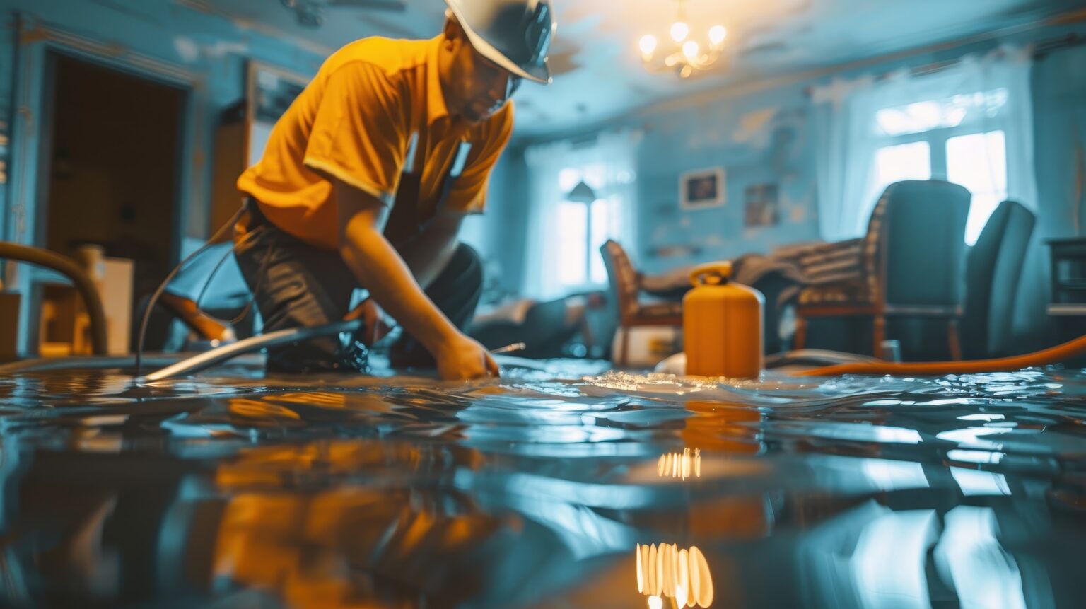 A worker in a yellow shirt and hardhat pumps water out of a flooded home interior.